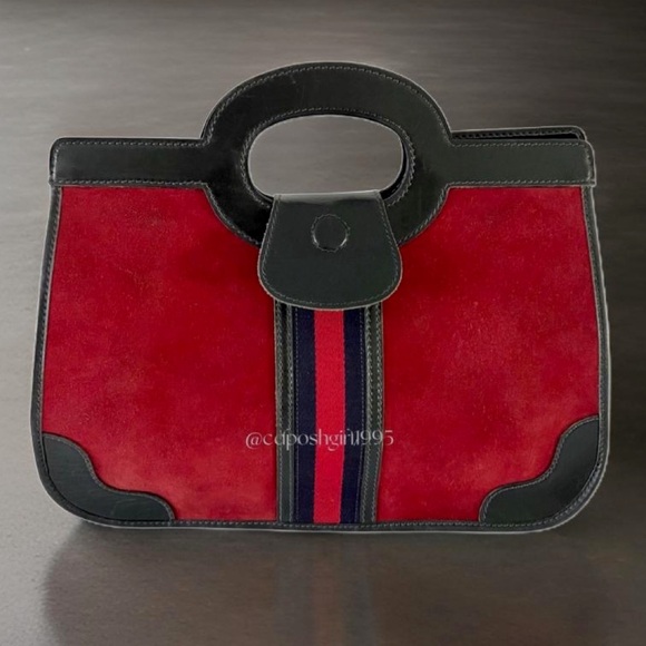 Vintage Gucci 1970s hand bag with cut out top handle red Nubuck navy leather web - Picture 17 of 17